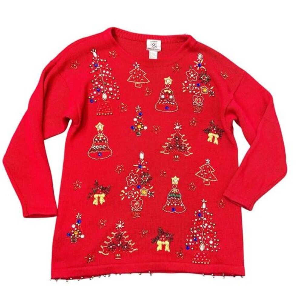 Vintage Christmas Sweater Womens Large Red Beaded Sequin Knit Pullover Holiday